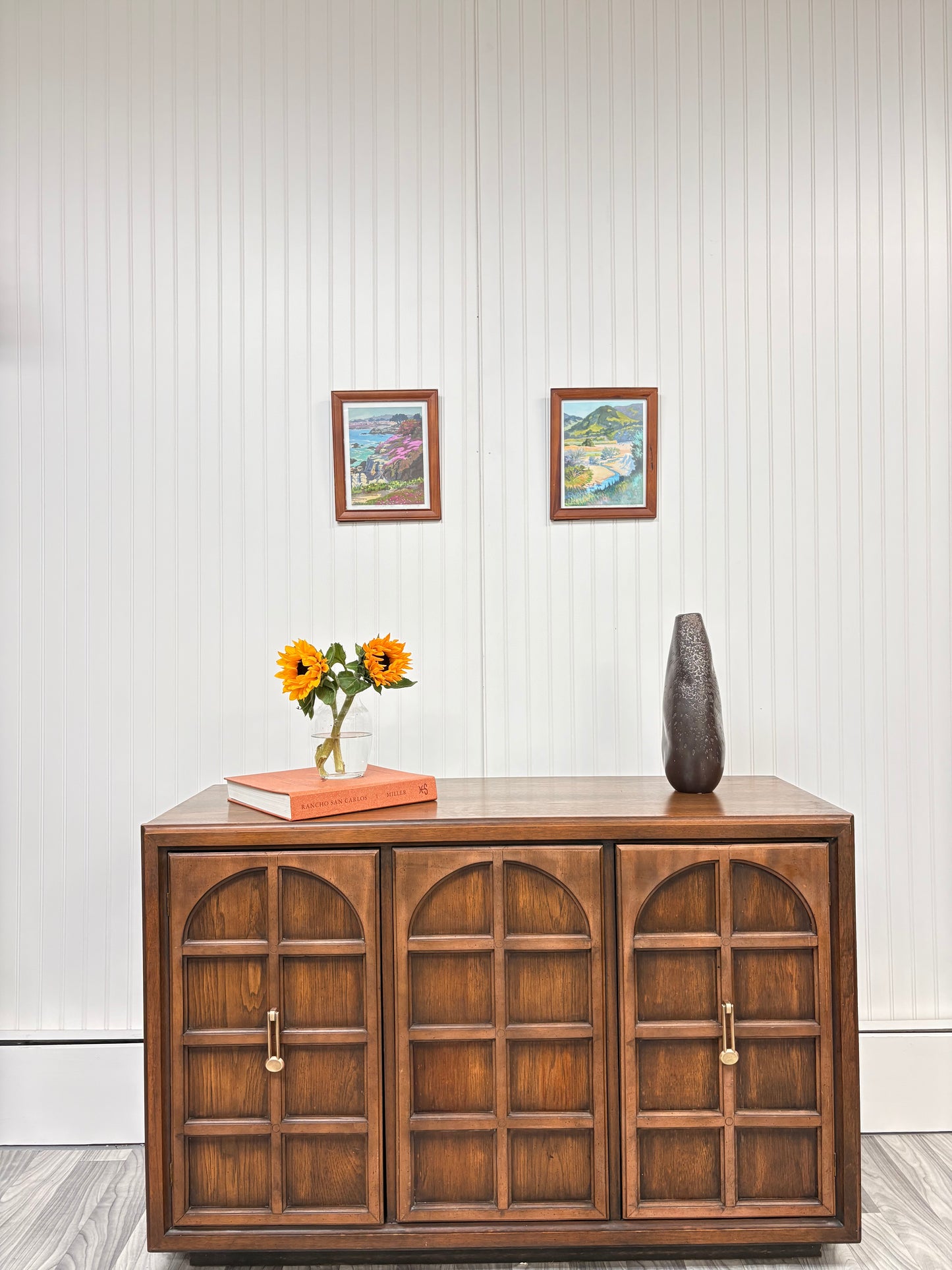 Vintage MCM Wood Credenza / Sideboard with Arched Detail – Stunning Storage Piece