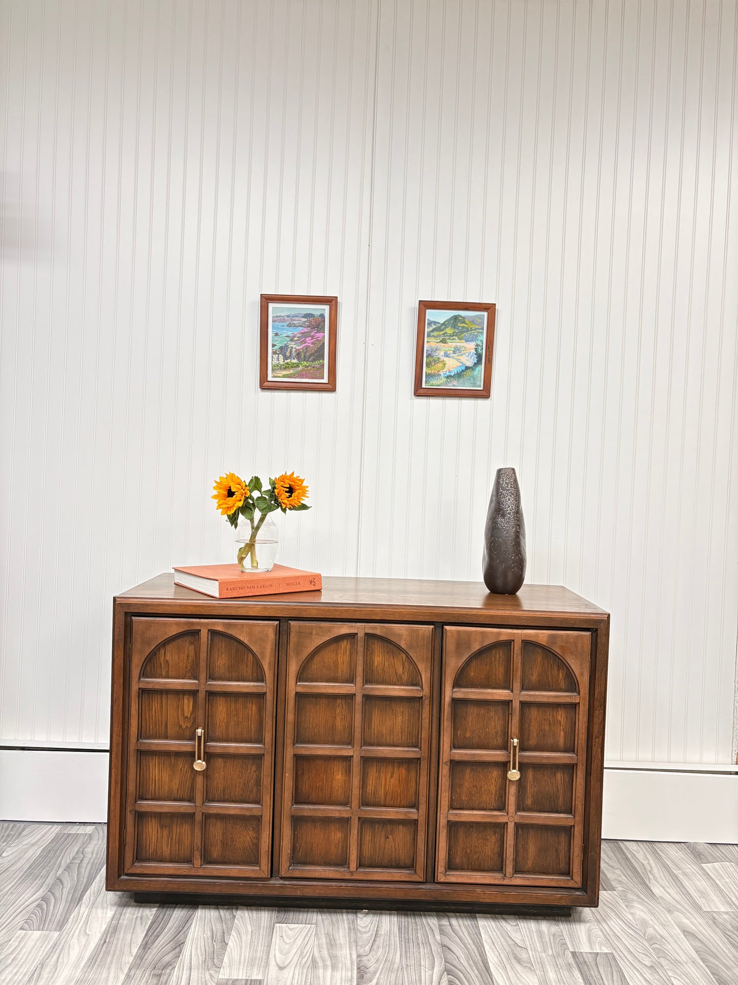 Vintage MCM Wood Credenza / Sideboard with Arched Detail – Stunning Storage Piece