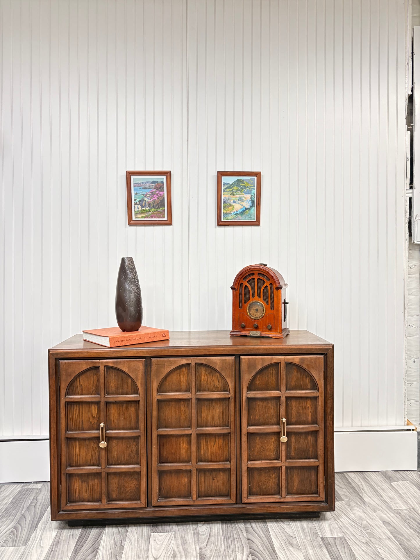 Vintage MCM Wood Credenza / Sideboard with Arched Detail – Stunning Storage Piece