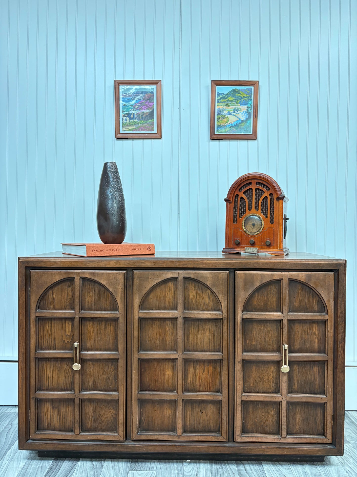 Vintage MCM Wood Credenza / Sideboard with Arched Detail – Stunning Storage Piece